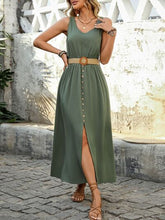 Perfee Decorative Button Slit Sleeveless Midi Dress OutfitFlow